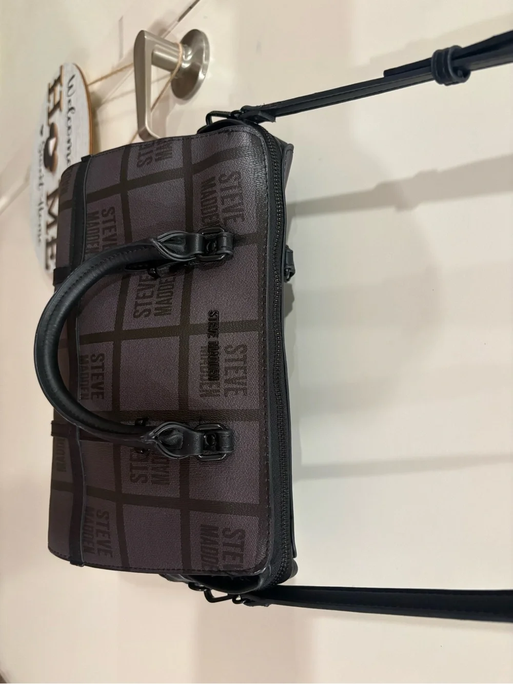 Steve Madden Black and Gray Logo Grid Satchel